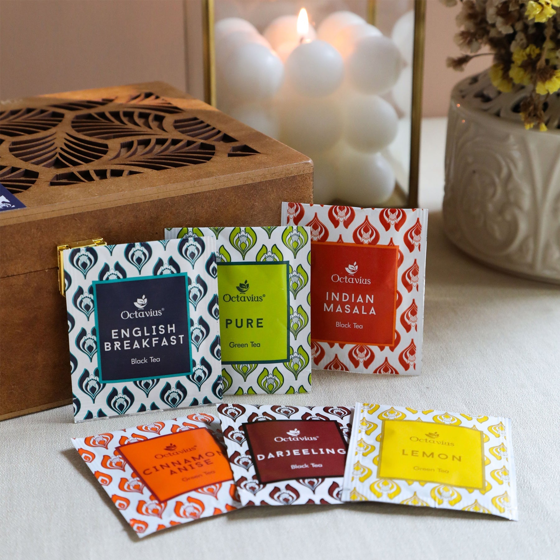Assortment of Fine Teas - 90 Teabags in Handcrafted Cutwork Wooden Box 90teabags
