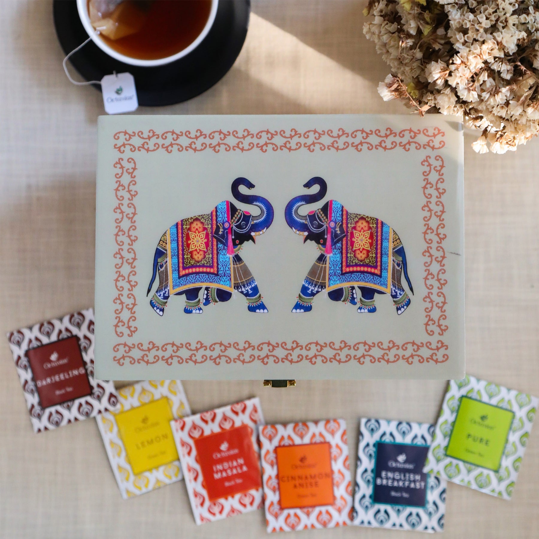 Assortment of Fine Teas - 90 Teabags in Handcrafted Elephant Pattern Wooden Box 90teabags
