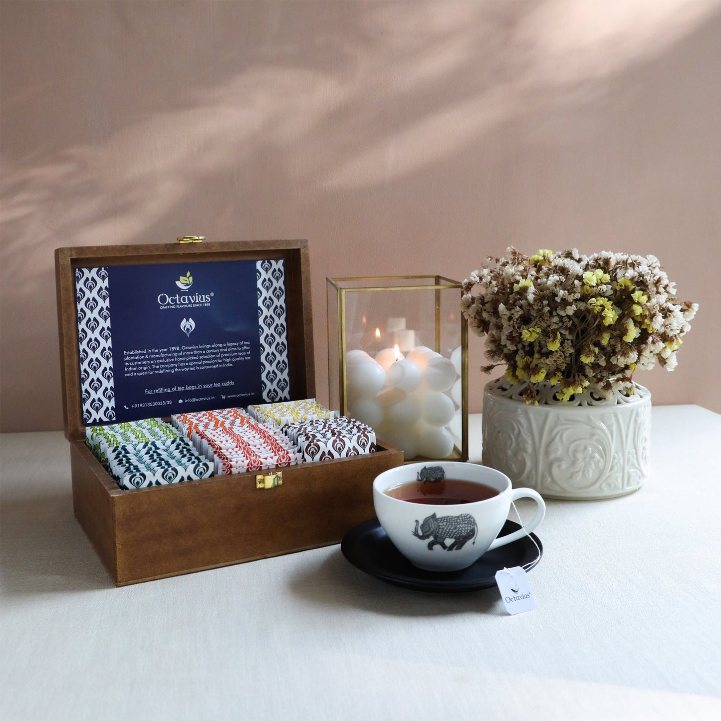 Assortment of Fine Teas - 90 Teabags in Handcrafted Elephant Pattern Wooden Box 90teabags