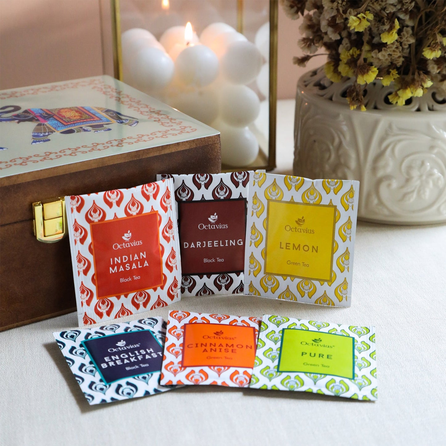 Assortment of Fine Teas - 90 Teabags in Handcrafted Elephant Pattern Wooden Box 90teabags