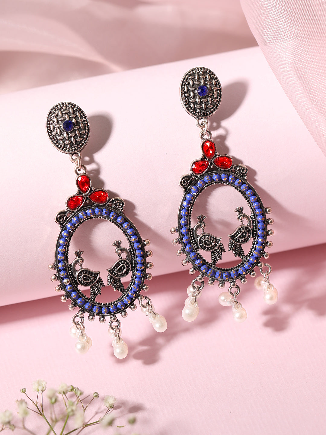 Oxidised Peacock Motif Red & Blue Pearl Danglers Silver
