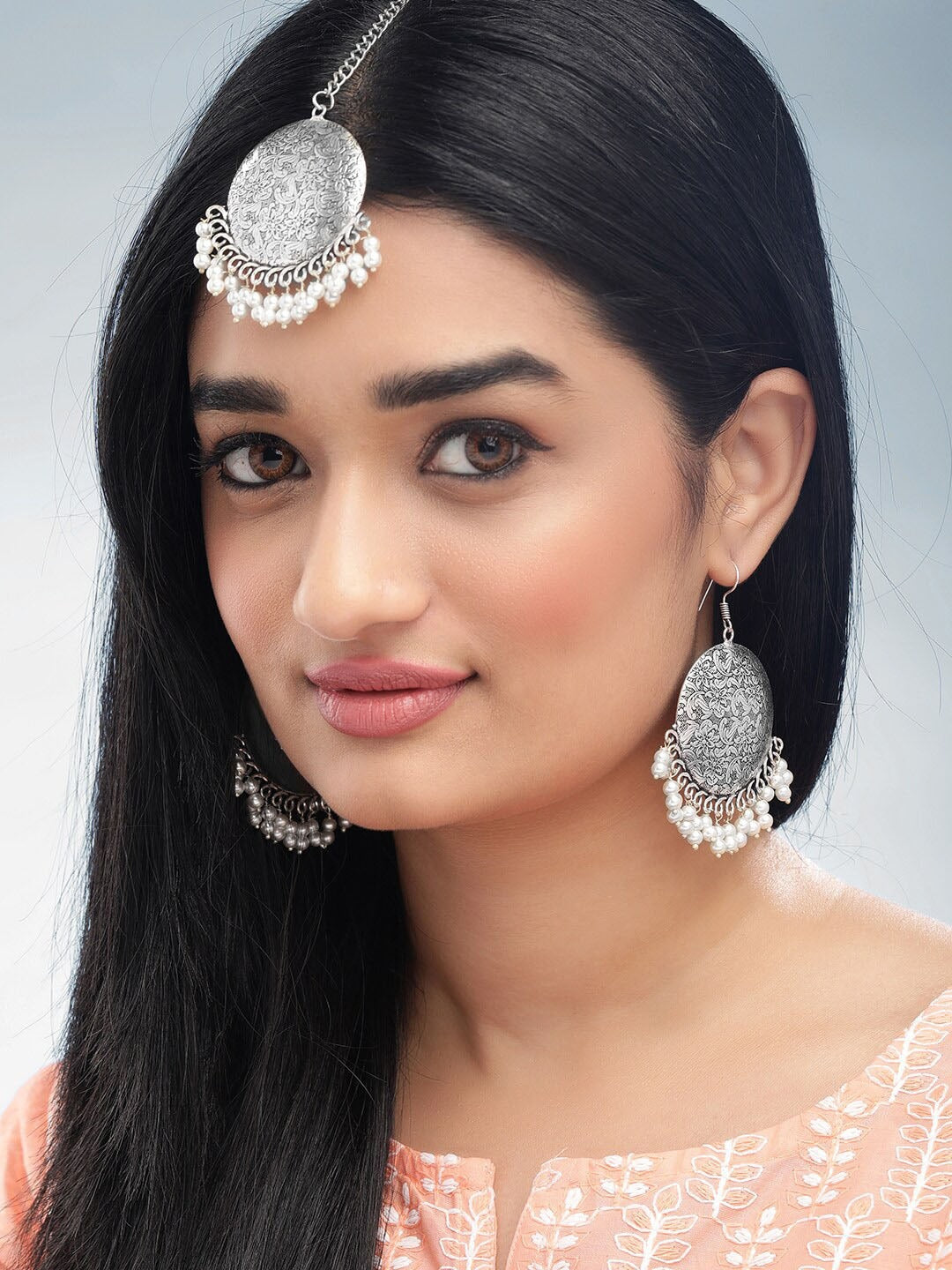 Floral Engraved Pearl Drop Oxidised Maangtikka with Earrings Silver
