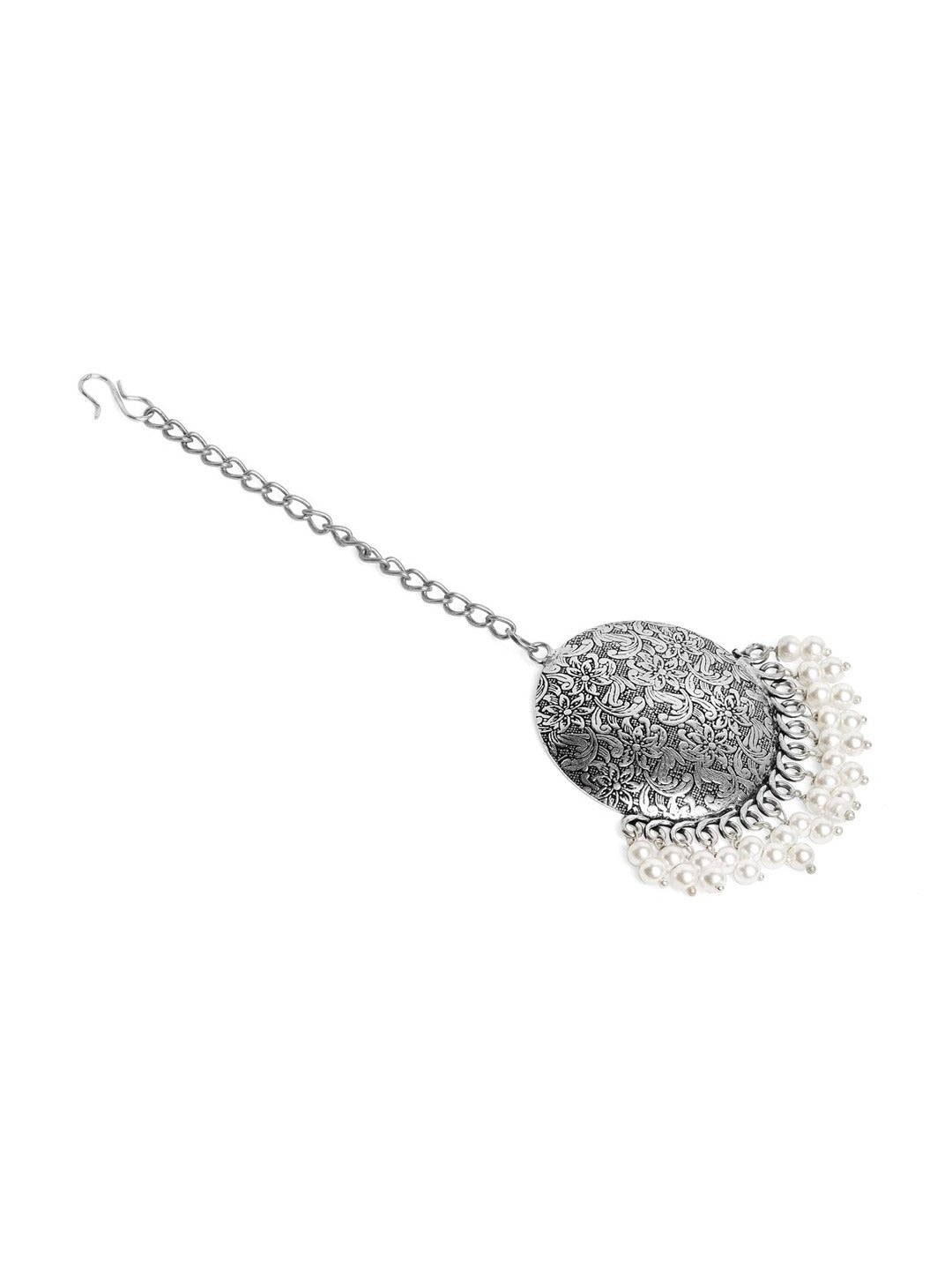 Floral Engraved Pearl Drop Oxidised Maangtikka with Earrings Silver
