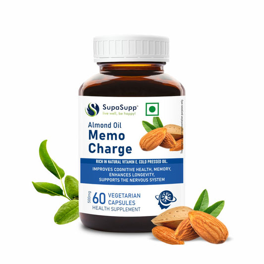 SupaSupp Almond Oil Memo Charge | Improves Memory, Enhances Longevity, Supports Nervous System | Vitamin E | Health Supplement | 60 Veg Cap, 500 mg 500mg
