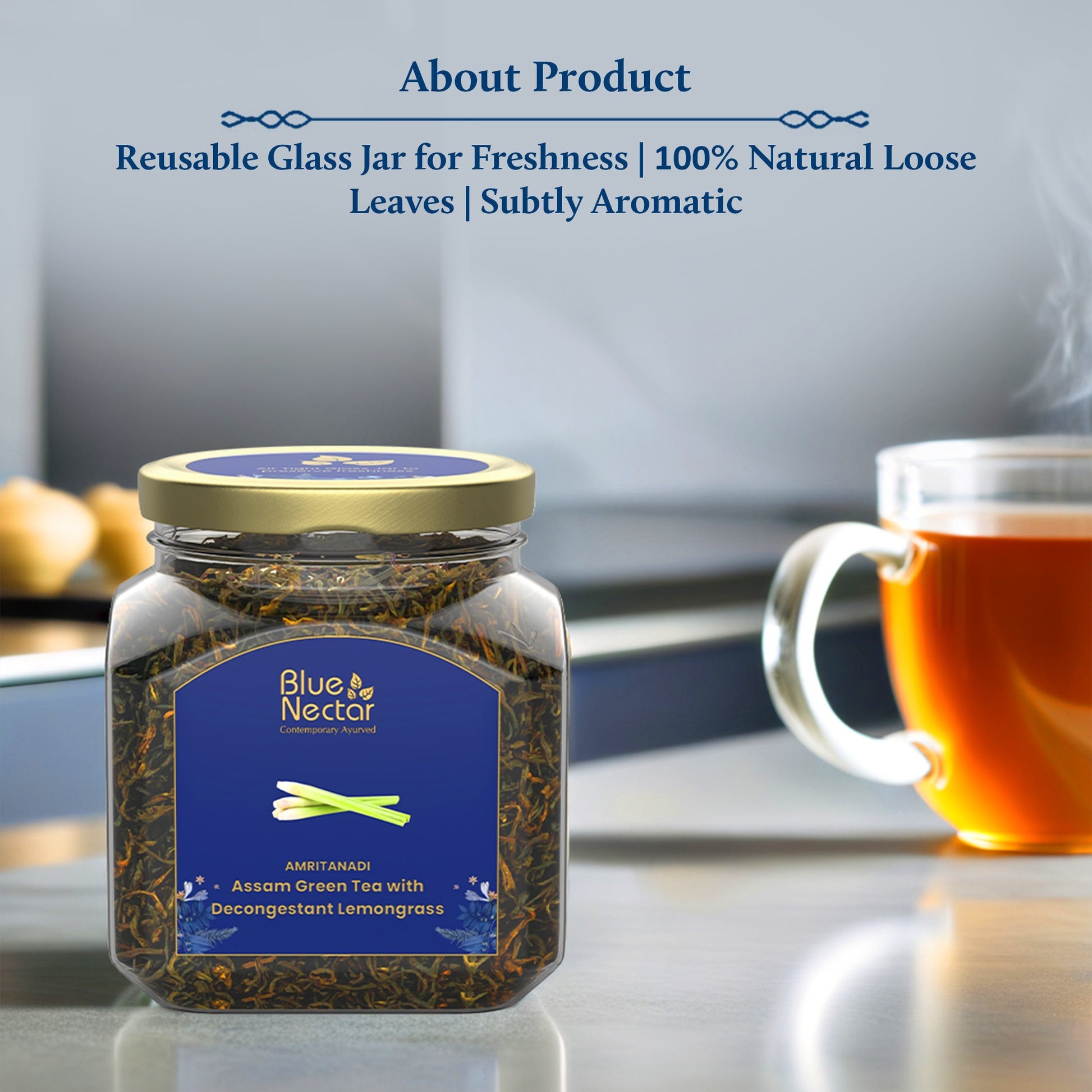 Decongestant Lemongrass Green Tea | Air-Tight Glass Jar with Free Tea Infuser (50 g + 15 g Free | 33 cups) 50g