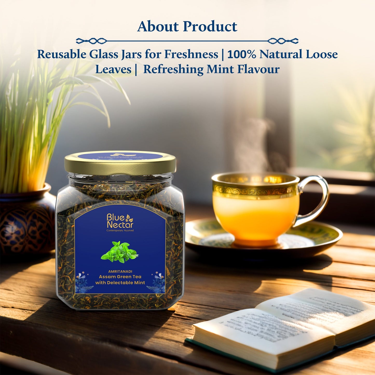 Mint Green Tea for Refreshment | Air-Tight Glass Jar with Free Tea Infuser (50 g + 15 g Free | 33 cups) 50g