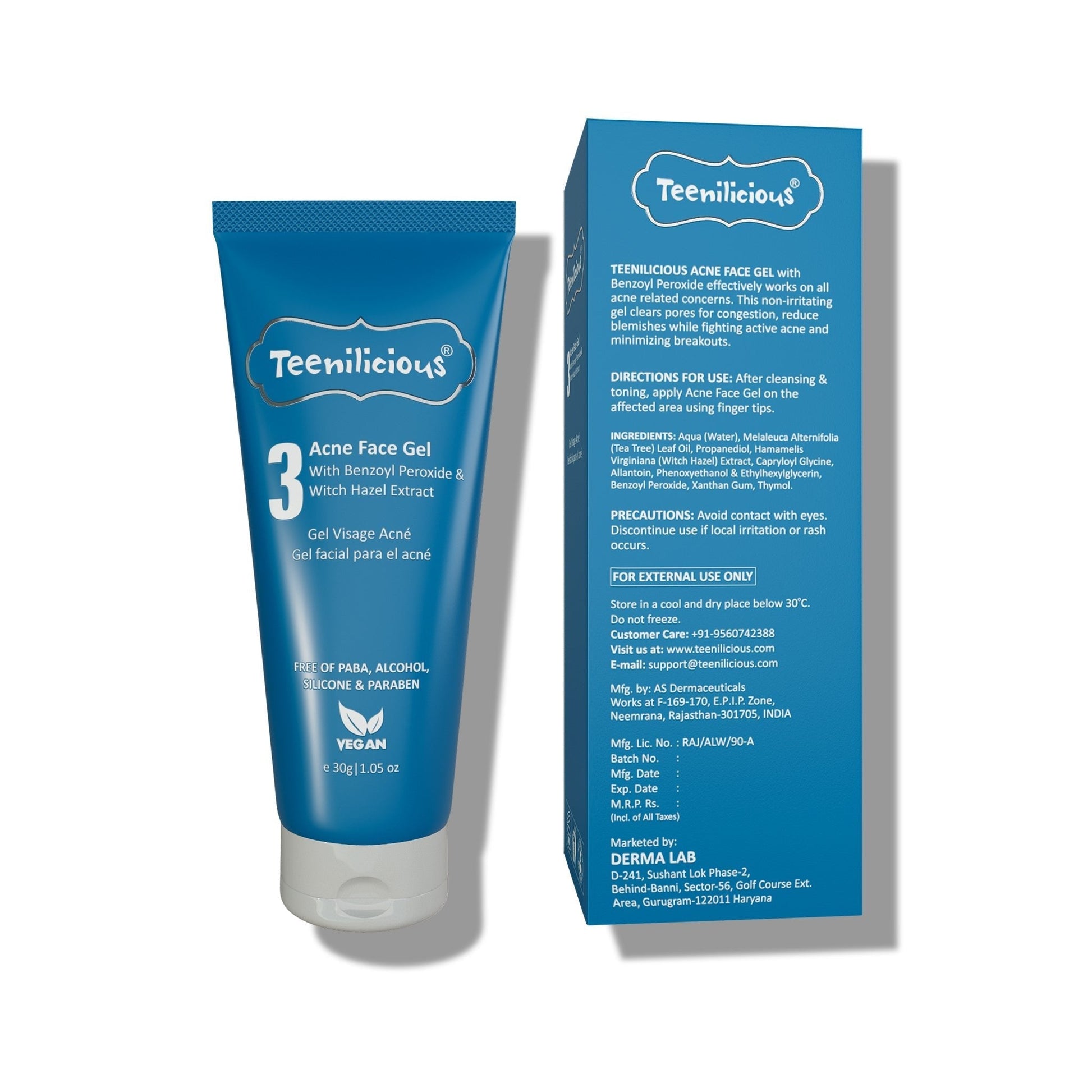 Teenilicious Acne Face Gel With Benzoyl Peroxide - Gel For Inflamed Acne Prone Skin