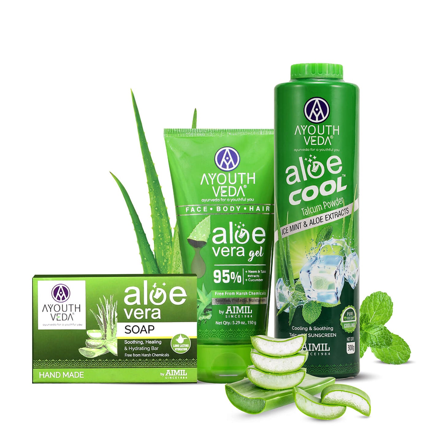 Aloevera Range | Aloe vera gel 150g +Aloe vera soap 100g | Talc 300g 150g