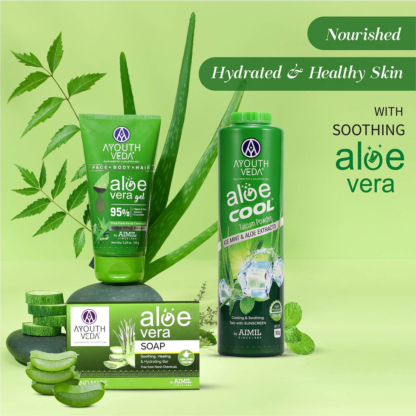 Aloevera Range | Aloe vera gel 150g +Aloe vera soap 100g | Talc 300g 150g