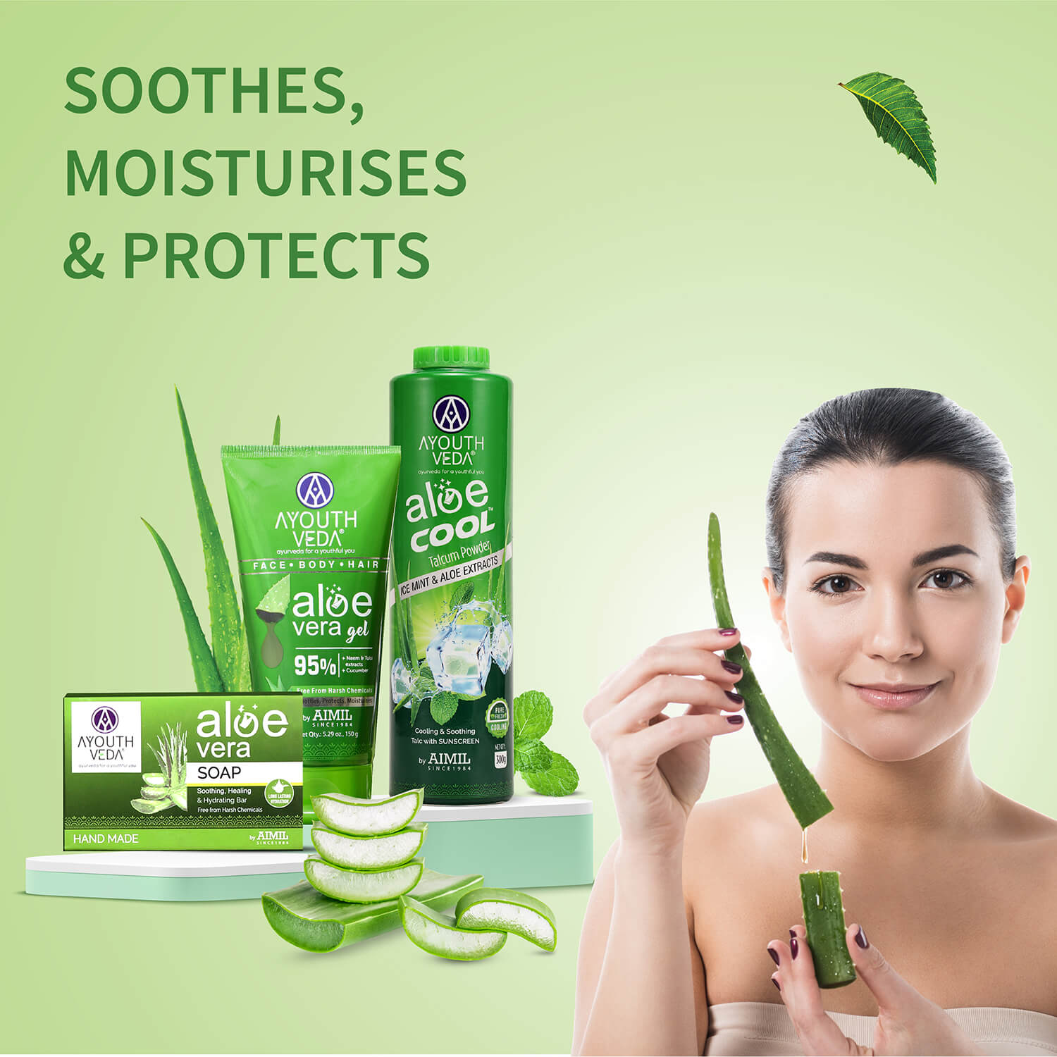 Aloevera Range | Aloe vera gel 150g +Aloe vera soap 100g | Talc 300g 150g