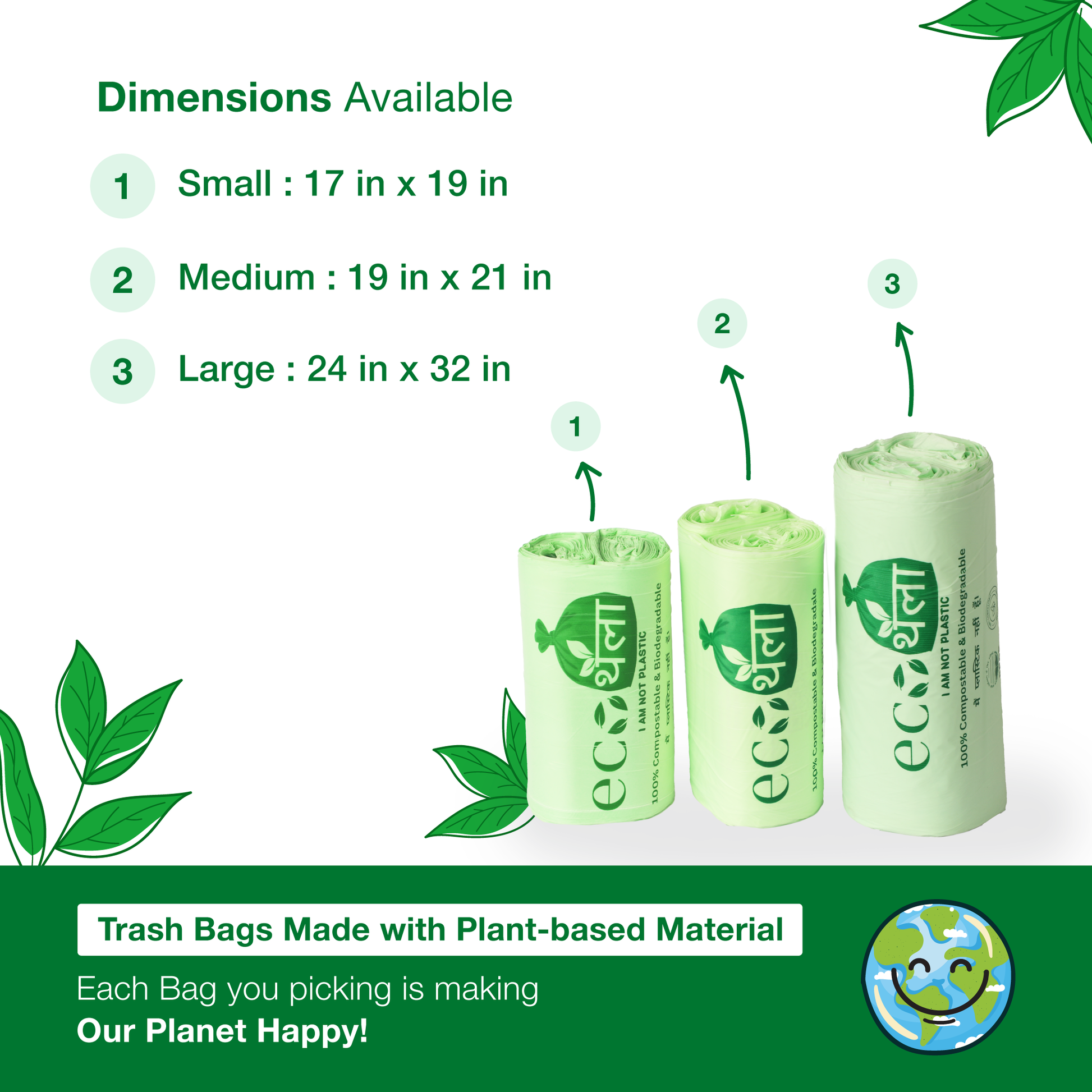 Eco Thaila - ECO Friendly Garbage Bags | Small - 45 Bags (3 Rolls, 15 bags each) | 17 X 19 Inches | Compostable & Biodegradable 100g