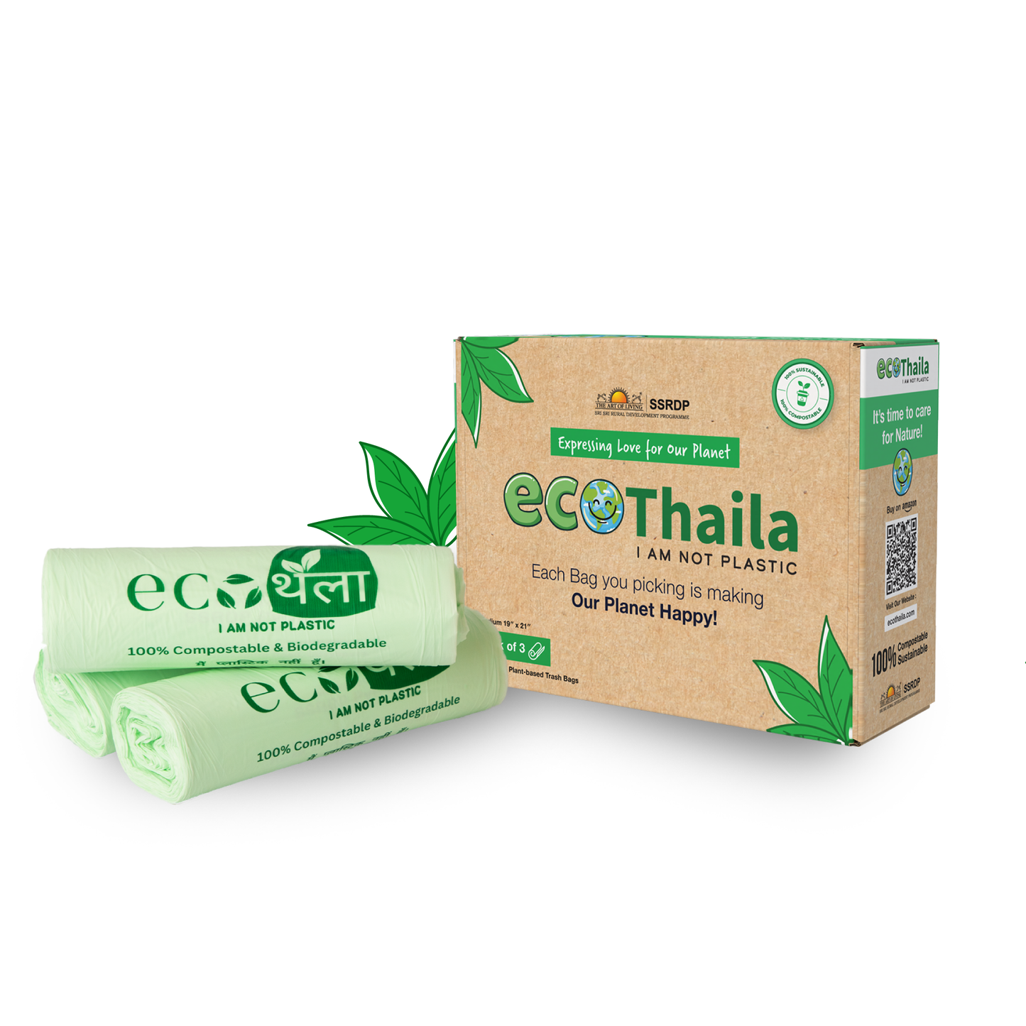 Eco Thaila - ECO Friendly Garbage Bags | Small - 45 Bags (3 Rolls, 15 bags each) | 17 X 19 Inches | Compostable & Biodegradable 100g