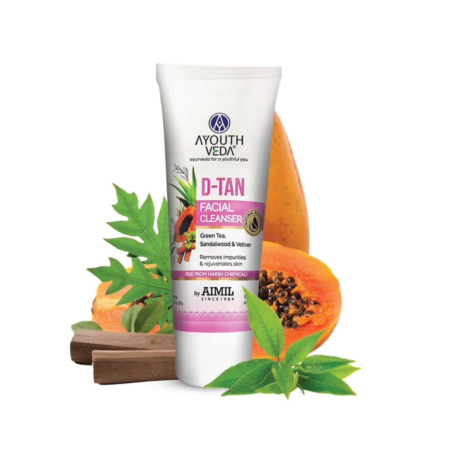 D-Tan Facial Cleanser with Papaya, Lemon, Aloe Vera & Cucumber | Tan Removal & Skin Brightening Formula For All Skin Types | Hydrating & Soothing | For Men & Women | 100g 100g