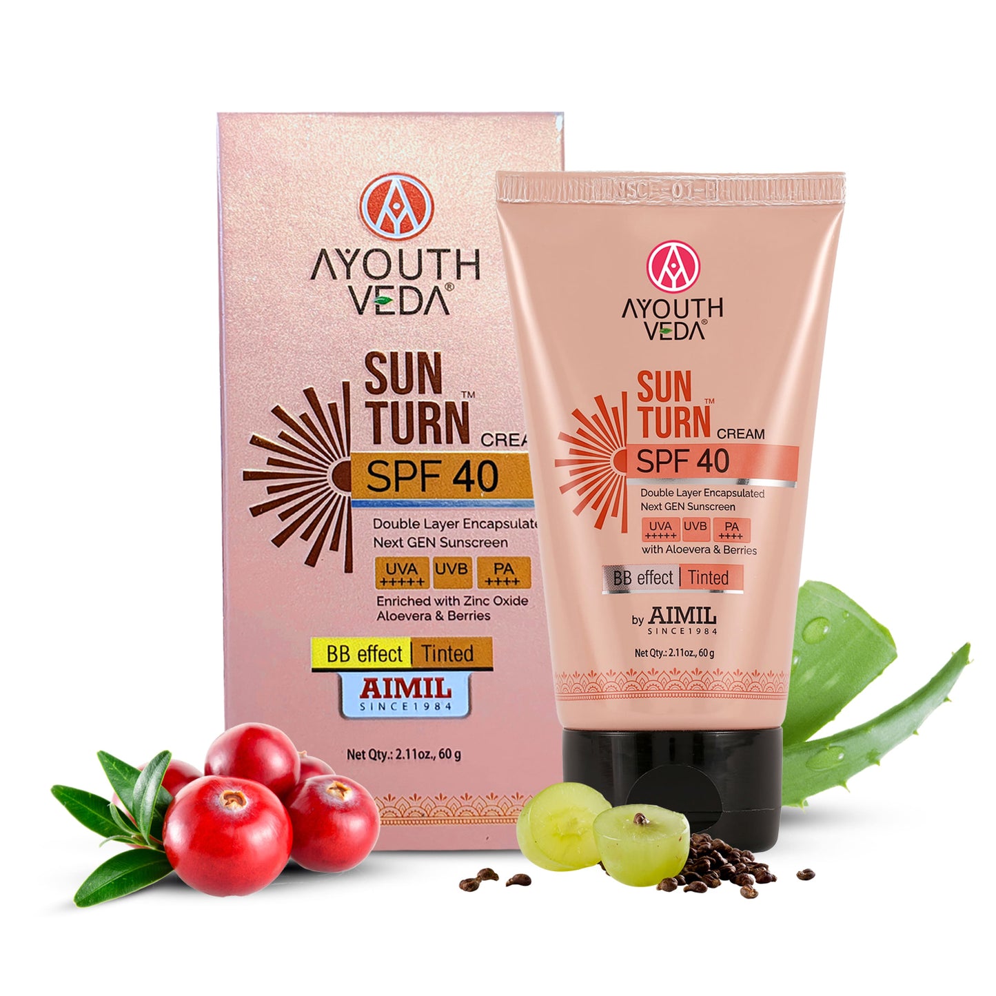 Sun Turn Cream SPF 40 - Double Layer Encapsulated Sunscreen - Tinted with BB Effect - PA++++ - UVA(+++++)/UVB Protection - Blue Light Defense - Enriched with Zinc Oxide, Aloe Vera & Berries - Net.Qty:- 60g 60g