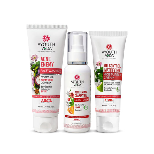 【Ayouthveda】 Clear Skin CTM Regime | Acne Enemy Face Wash 100 ml + Acne Enemy Clarifying Toner 100 ml + Oil Control Matiffying Moisturizer 60 g｜クリアスキン CTMレジーム｜100ml