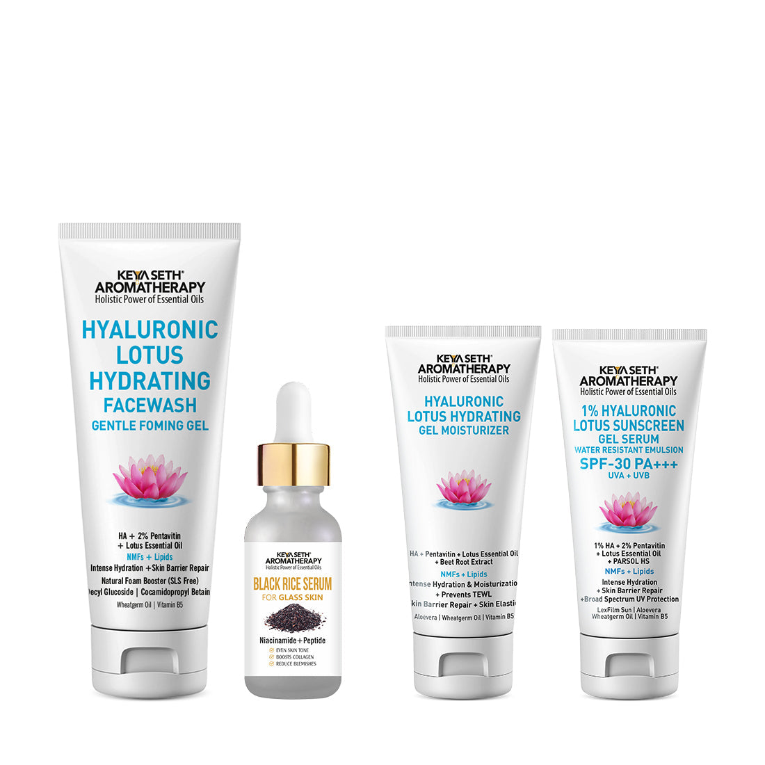 Daily Skincare Routine for Glass Skin – Hydrating Facewash, Black Rice Serum, Gel Moisturizer & Sunscreen for Radiance, Smoothness & Pore Reduction 230ml