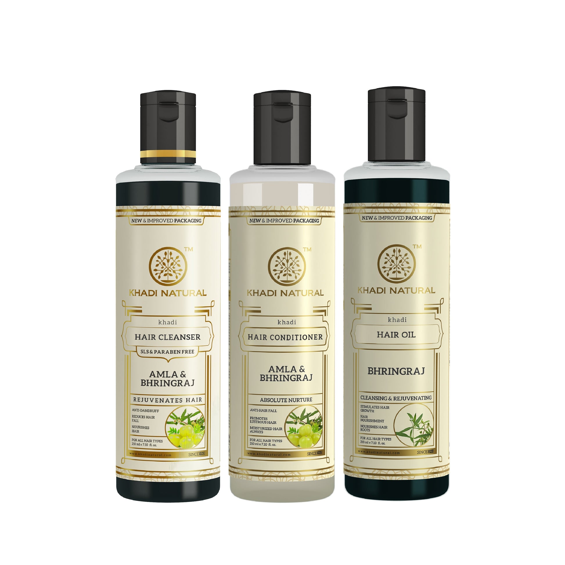 Amla & Bhringraj Hair Care Cleanser, Conditioner & Oil – SLS & Paraben Free Combo Pack of 3 210ml Each