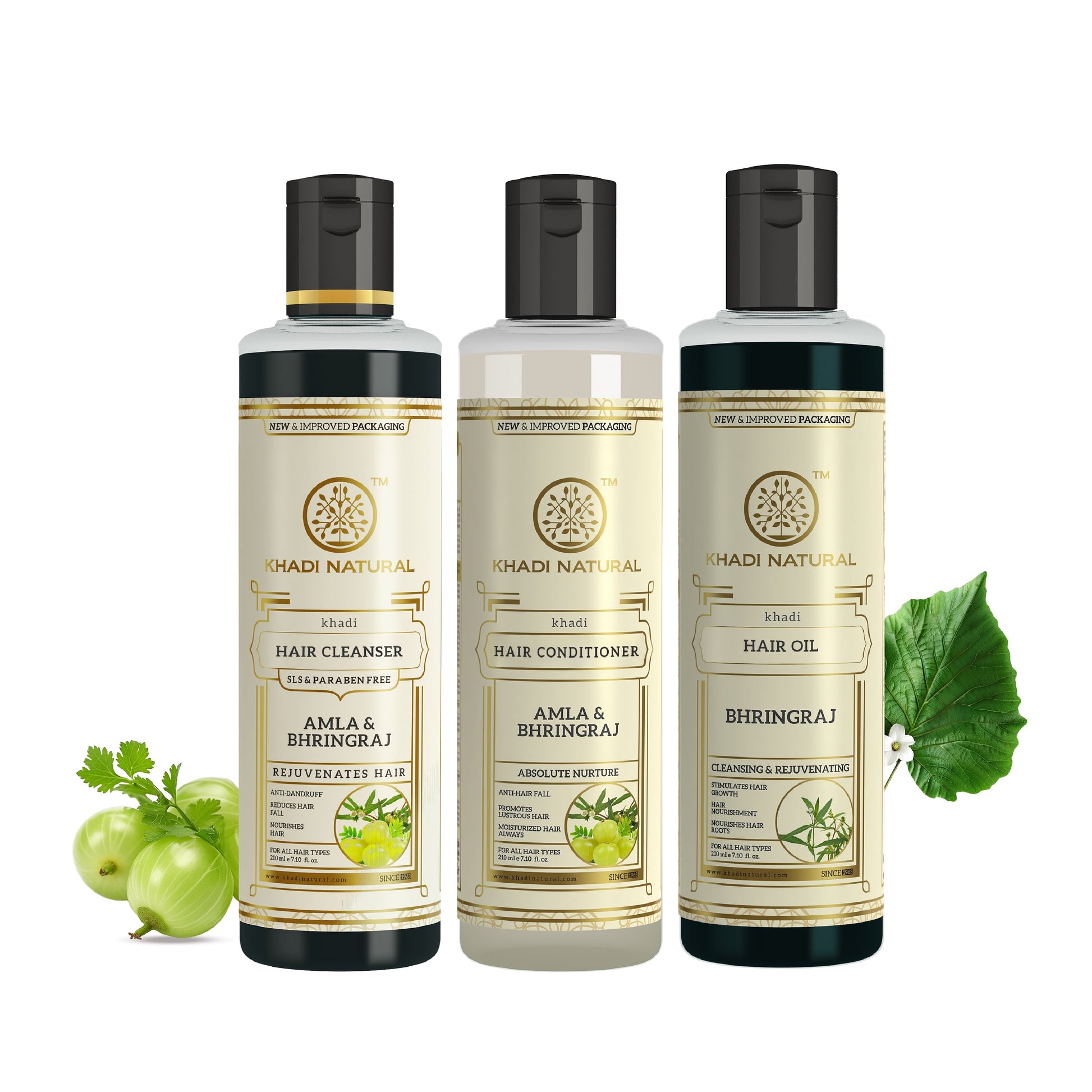 Amla & Bhringraj Hair Care Cleanser, Conditioner & Oil – SLS & Paraben Free Combo Pack of 3 210ml Each