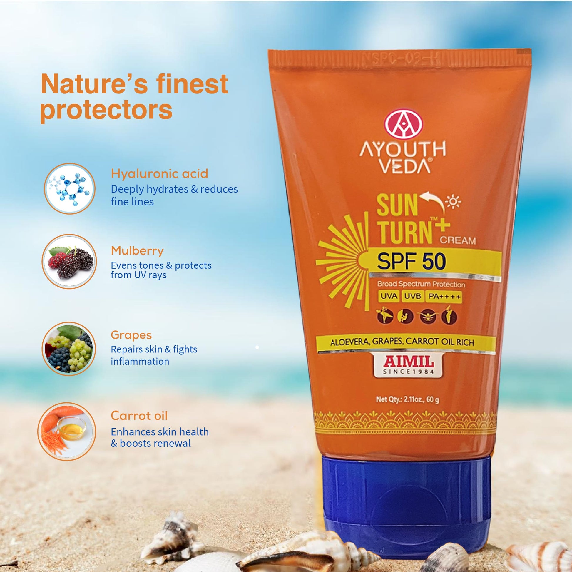 Sun Turn+ Cream SPF 50 with Hyaluronic Acid for Broad Spectrum UV Protection Net qty.- 60 g 60g