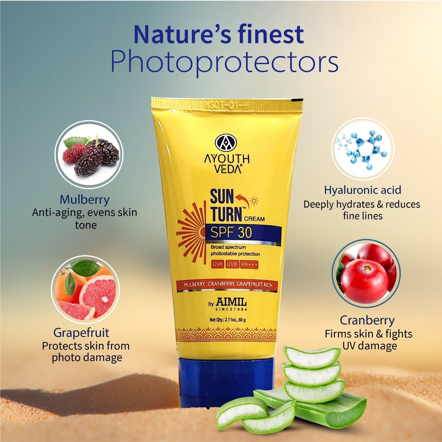 Sun Turn Cream SPF 30 with Hyaluronic Acid for Broad Spectrum Photostable Protection Net qty.- 60 g 60g