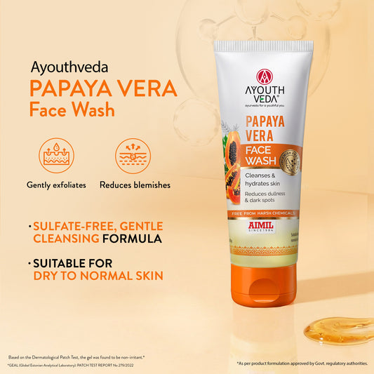 【Ayouthveda】 Papaya Vera Face Wash with Real Papaya Extract | Deep Cleanser for Dry to Normal Skin | Removes Dullness, Dark Spots, & Impurities｜パパイヤ ヴェラ フェイスウォッシュ｜100g