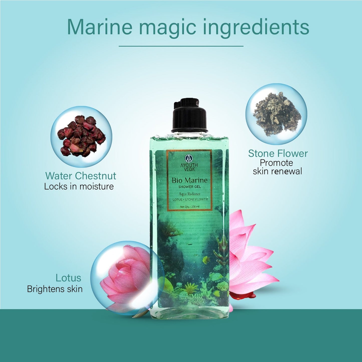 Bio Marine Shower Gel for Men & Women | Enriched with Lotus, Stone Flower & Water Chestnut | Detoxifies, Moisturizes & Rejuvenates | (250 ml) 250ml