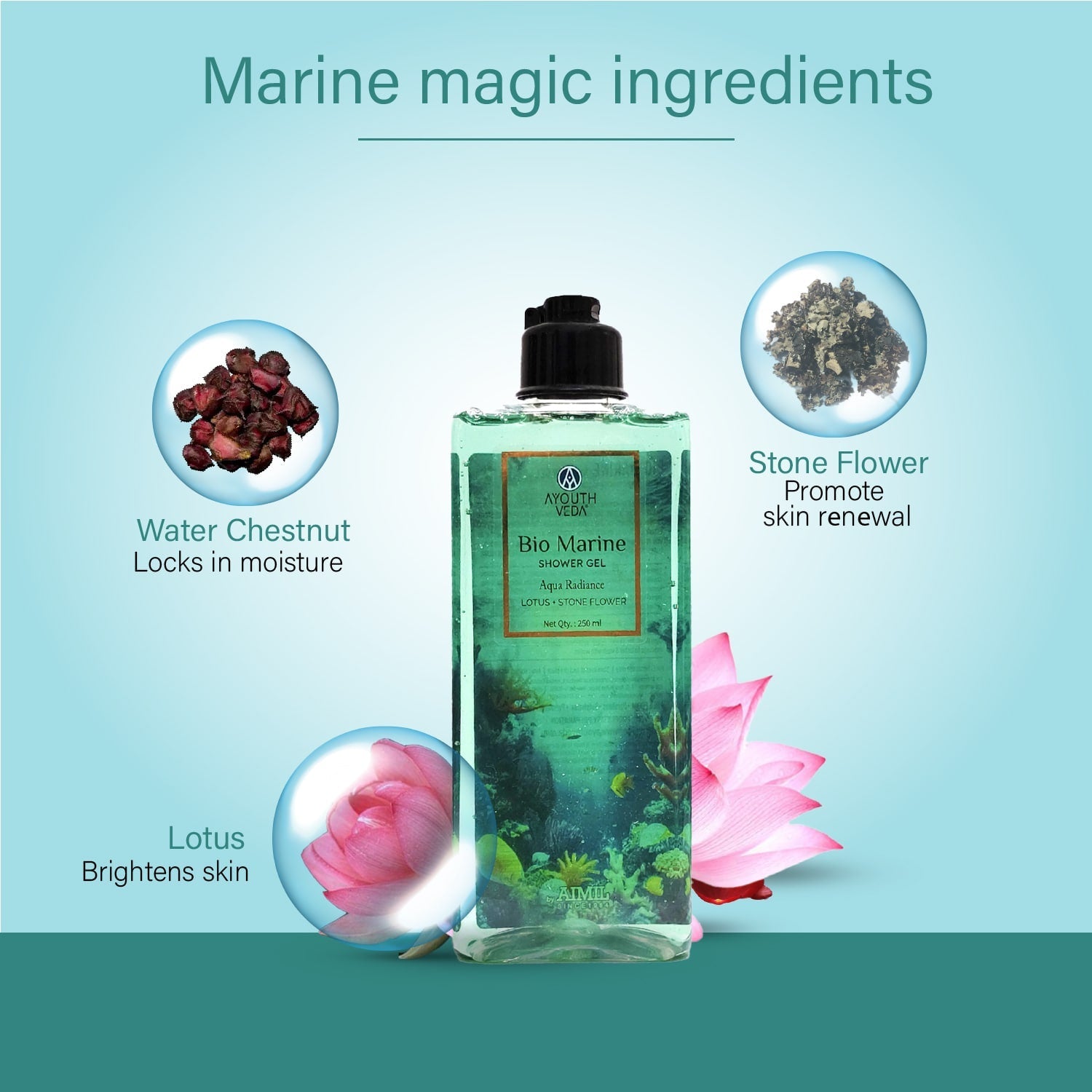 Bio Marine Shower Gel for Men & Women | Enriched with Lotus, Stone Flower & Water Chestnut | Detoxifies, Moisturizes & Rejuvenates | (250 ml) 250ml