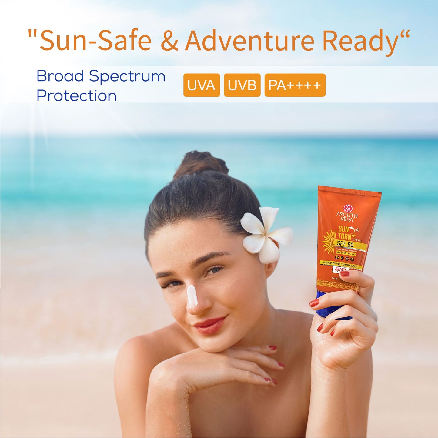 Sun Turn+ Cream SPF 50 with Hyaluronic Acid for Broad Spectrum UV Protection Net qty.- 60 g 60g