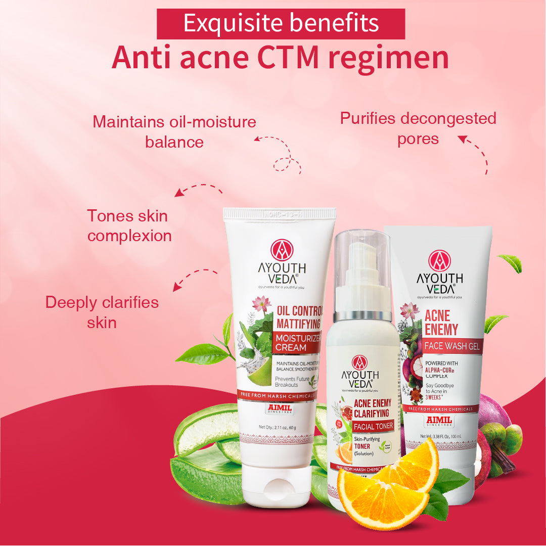Anti-Acne CTM Regime | Acne Enemy Face Wash 100 ml + Acne Enemy Clarifying Toner 100 ml + Oil Control Matiffying Moisturizer 60 g | 3-Step Clear Skin Routine for Oily & Acne-Prone Skin 100ml