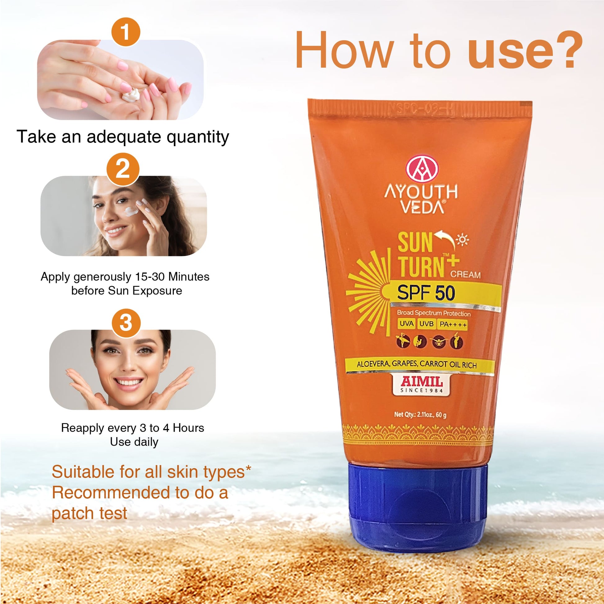 Sun Turn+ Cream SPF 50 with Hyaluronic Acid for Broad Spectrum UV Protection Net qty.- 60 g 60g