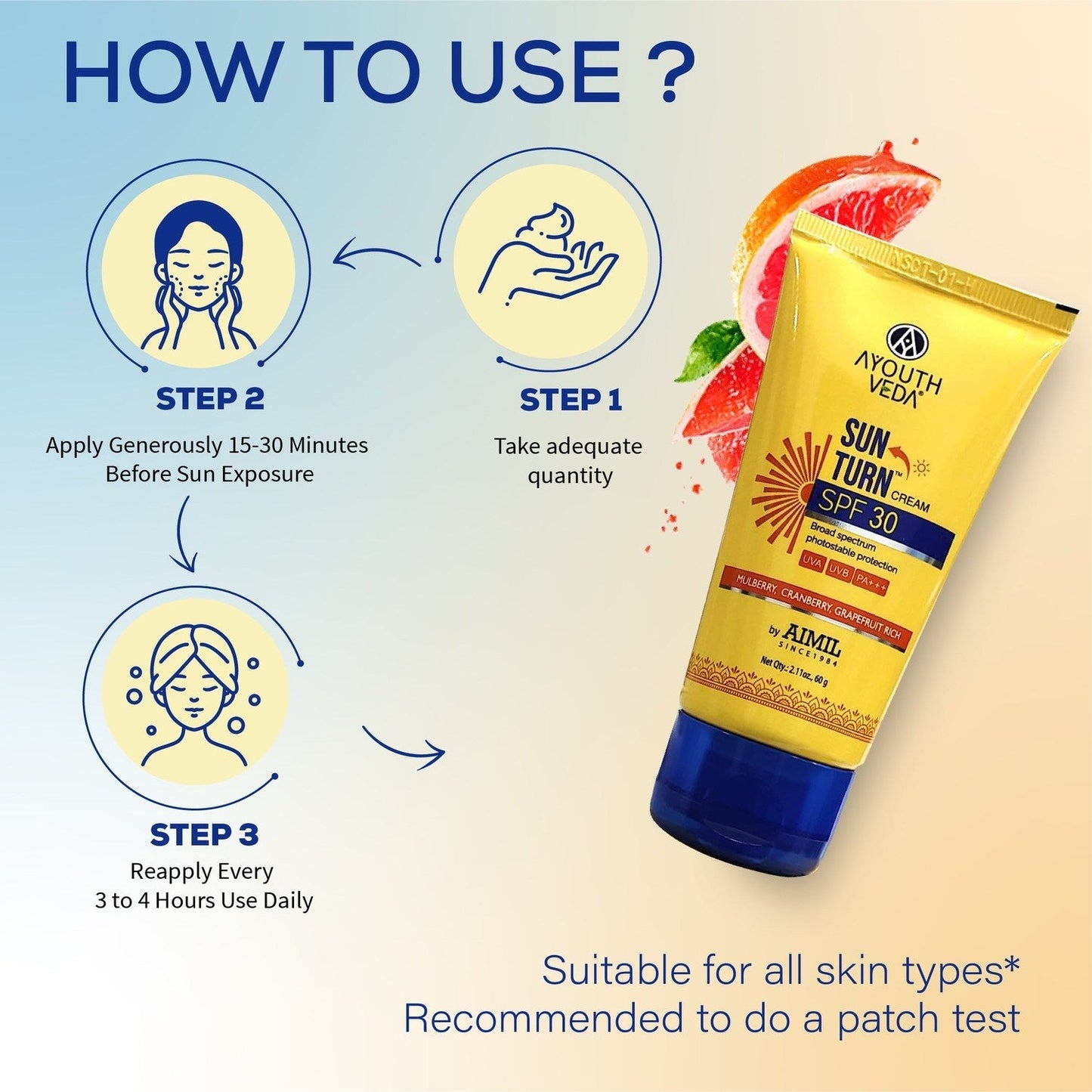 Sun Turn Cream SPF 30 with Hyaluronic Acid for Broad Spectrum Photostable Protection Net qty.- 60 g 60g