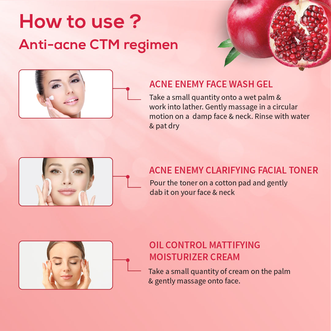 Anti-Acne CTM Regime | Acne Enemy Face Wash 100 ml + Acne Enemy Clarifying Toner 100 ml + Oil Control Matiffying Moisturizer 60 g | 3-Step Clear Skin Routine for Oily & Acne-Prone Skin 100ml