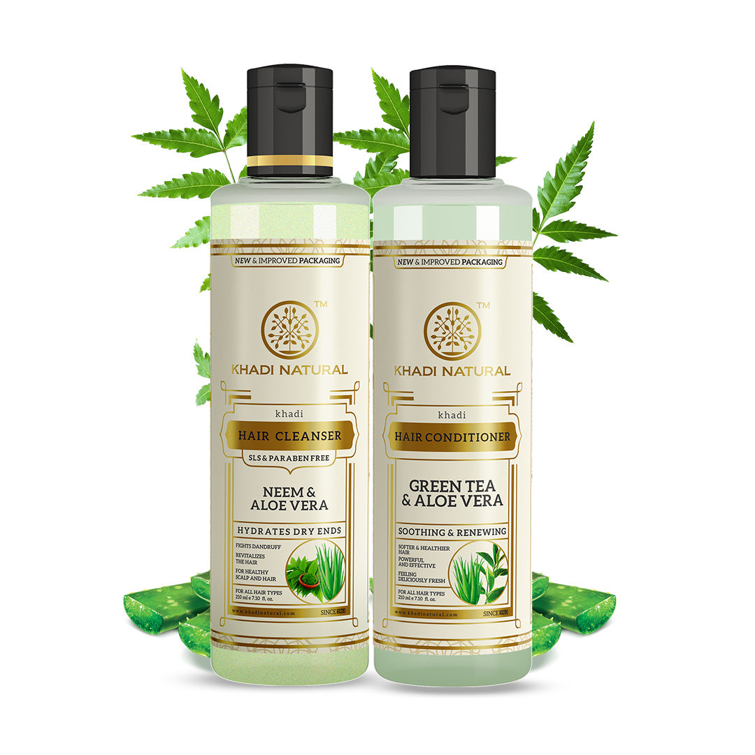 Anti-Dandruff Pack – Neem & Aloe Vera Hair Cleanser (SLS & Paraben Free) & Green Tea & Aloe Vera Hair Conditioner Combo Pack of 2 210ml Each