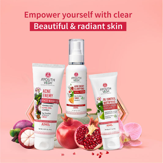 【Ayouthveda】 Clear Skin CTM Regime | Acne Enemy Face Wash 100 ml + Acne Enemy Clarifying Toner 100 ml + Oil Control Matiffying Moisturizer 60 g｜クリアスキン CTMレジーム｜100ml