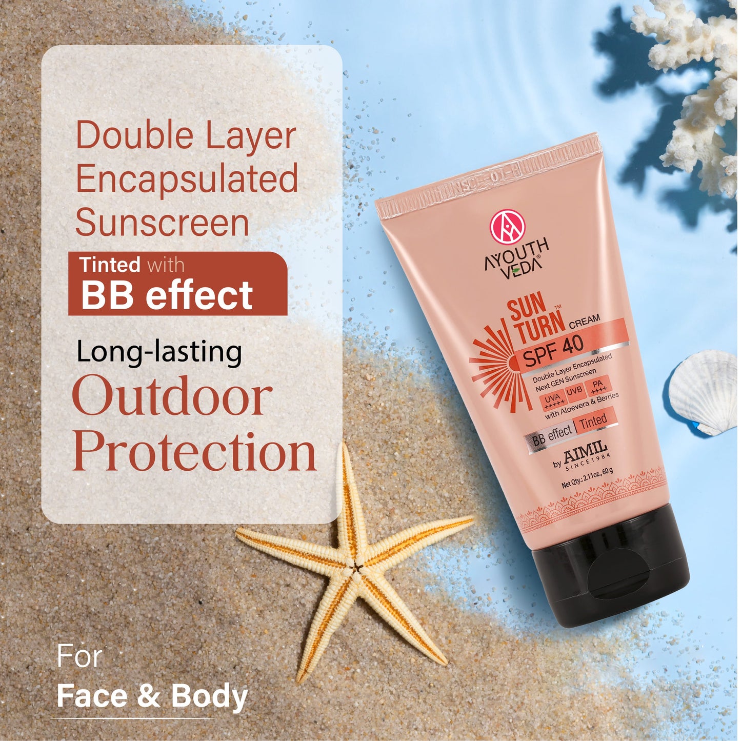 Sun Turn Cream SPF 40 - Double Layer Encapsulated Sunscreen - Tinted with BB Effect - PA++++ - UVA(+++++)/UVB Protection - Blue Light Defense - Enriched with Zinc Oxide, Aloe Vera & Berries - Net.Qty:- 60g 60g