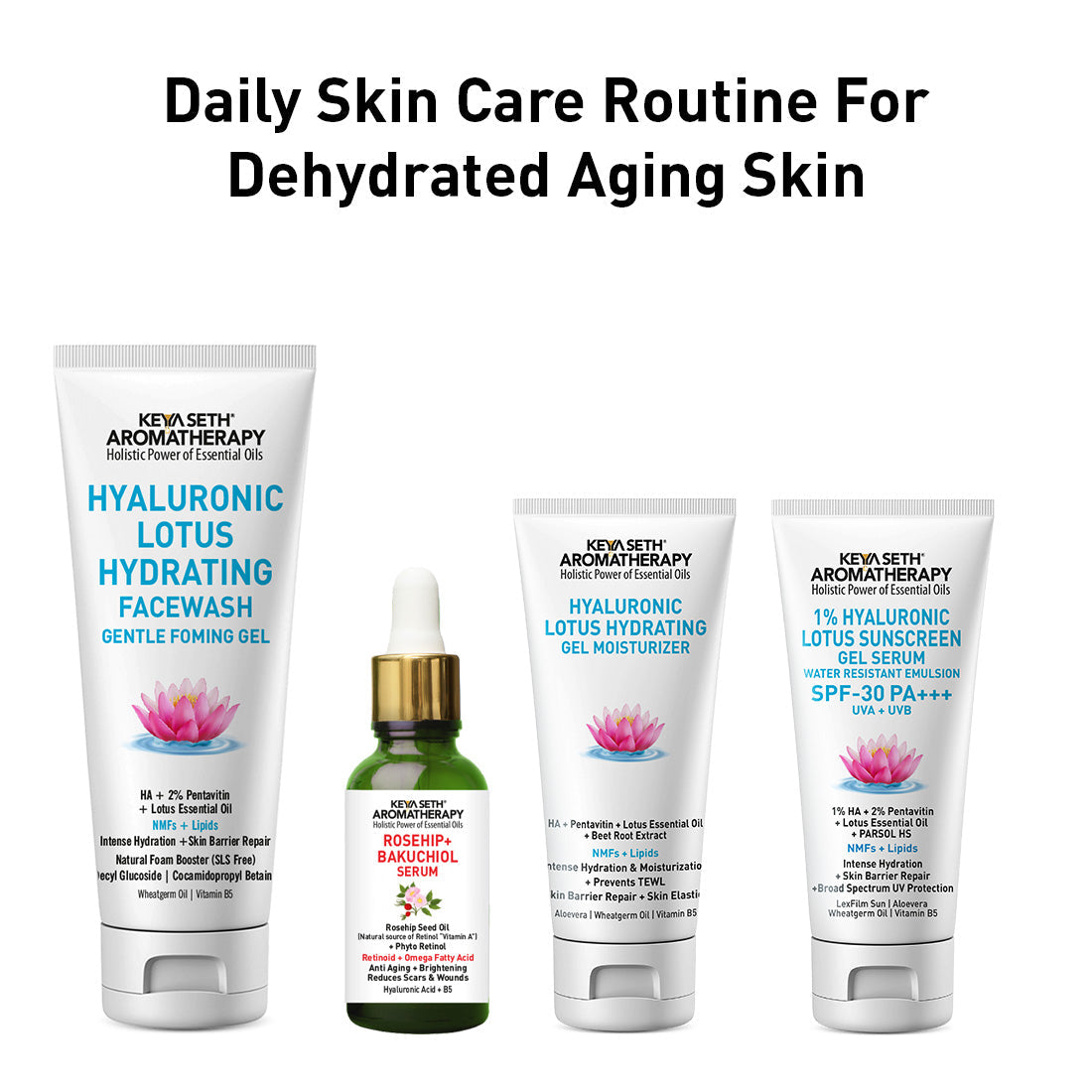 Daily Skincare Routine for Dehydrated, Aging Skin with Hyaluronic Facewash, Rosehip Bakuchiol Serum, Moisturizer & Sunscreen for Hydration, Firmness & Glow 230ml