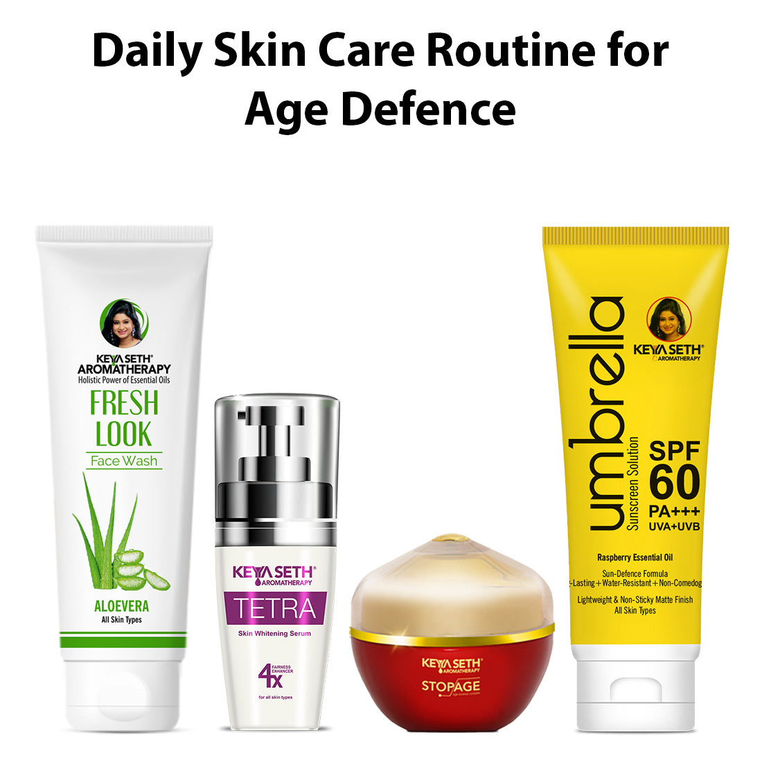 Daily Skincare for Age Defense: Aloe Vera Face Wash, Tetra Serum, Stopage Age Reversal Cream & Umbrella SPF 60 To Fight Wrinkles, Boost Elasticity, Hydrate & Protect For Youthful Skin 280ml