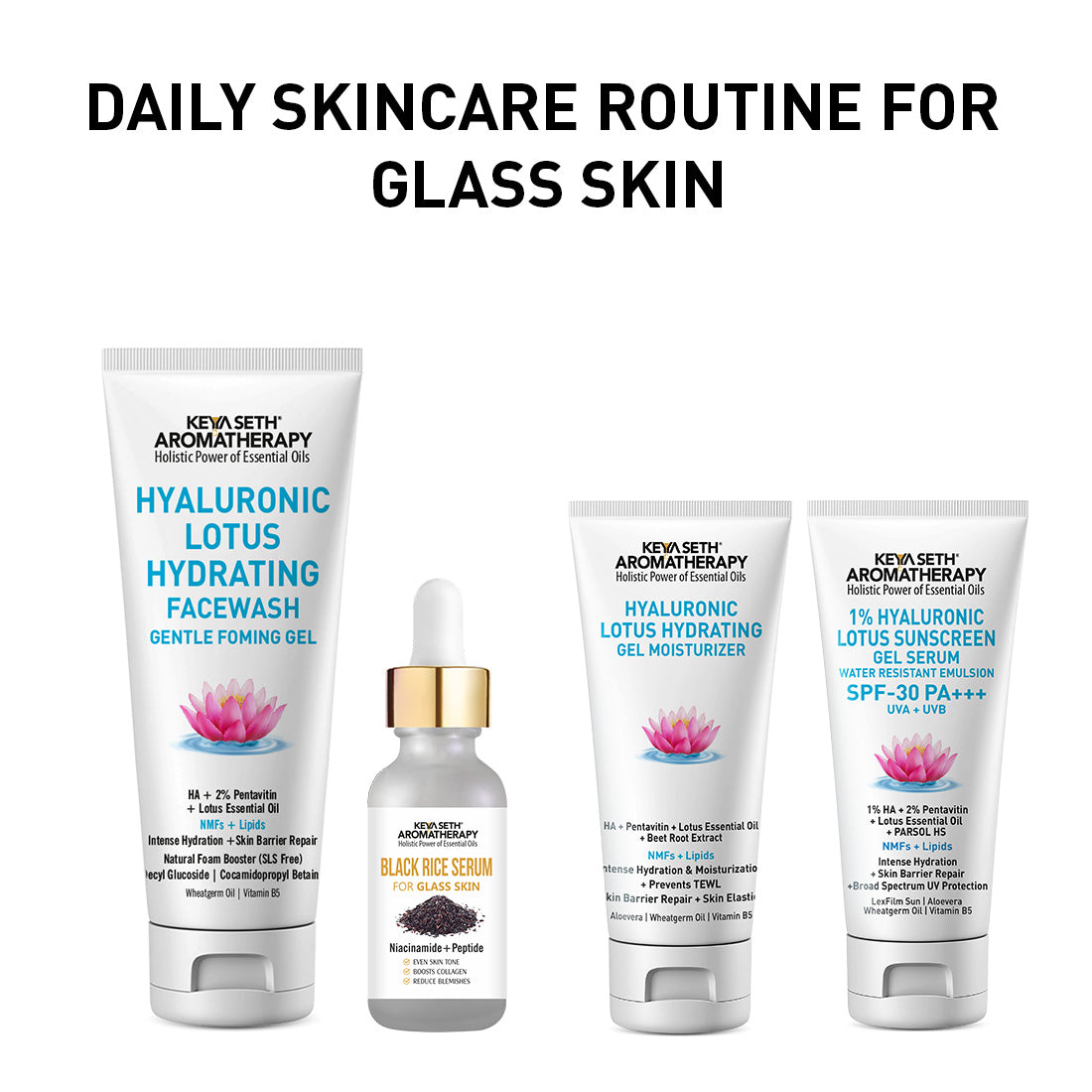 Daily Skincare Routine for Glass Skin – Hydrating Facewash, Black Rice Serum, Gel Moisturizer & Sunscreen for Radiance, Smoothness & Pore Reduction 230ml