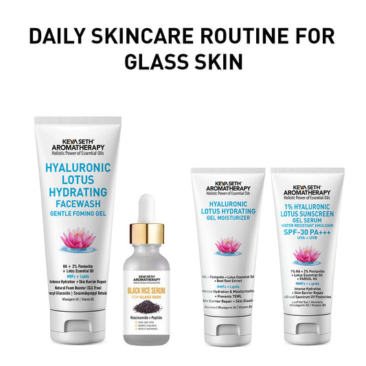 Daily Skincare Routine for Glass Skin – Hydrating Facewash, Black Rice Serum, Gel Moisturizer & Sunscreen for Radiance, Smoothness & Pore Reduction 230ml