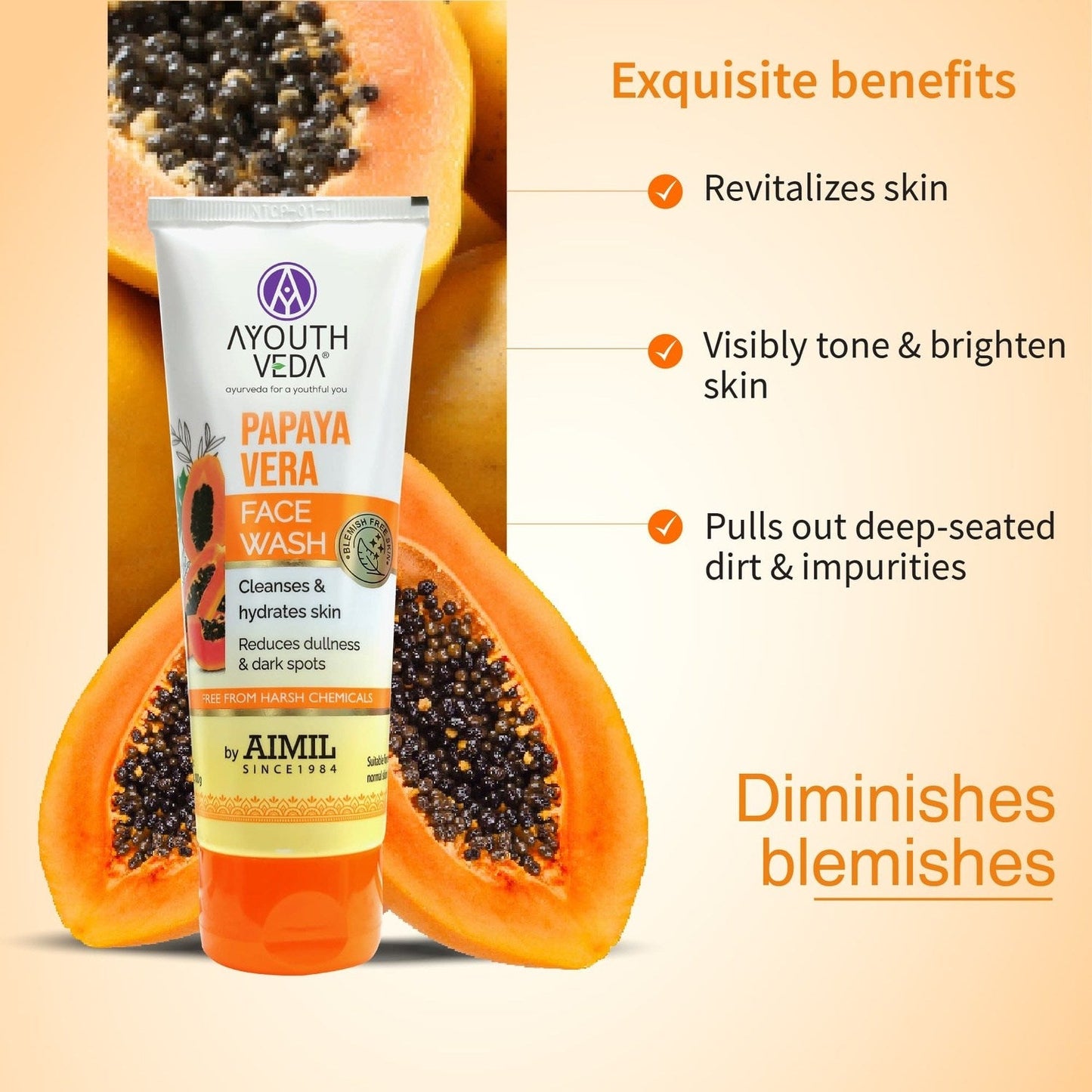 Papaya Vera Face Wash with Real Papaya Extract | Deep Cleanser for Dry to Normal Skin | Removes Dullness, Dark Spots, & Impurities | Sulfate-Free Gentle Formula | (100 g) 100g