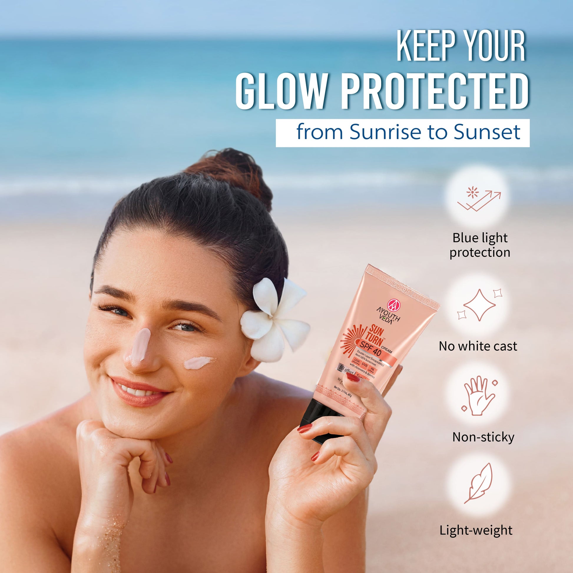 Sun Turn Cream SPF 40 - Double Layer Encapsulated Sunscreen - Tinted with BB Effect - PA++++ - UVA(+++++)/UVB Protection - Blue Light Defense - Enriched with Zinc Oxide, Aloe Vera & Berries - Net.Qty:- 60g 60g