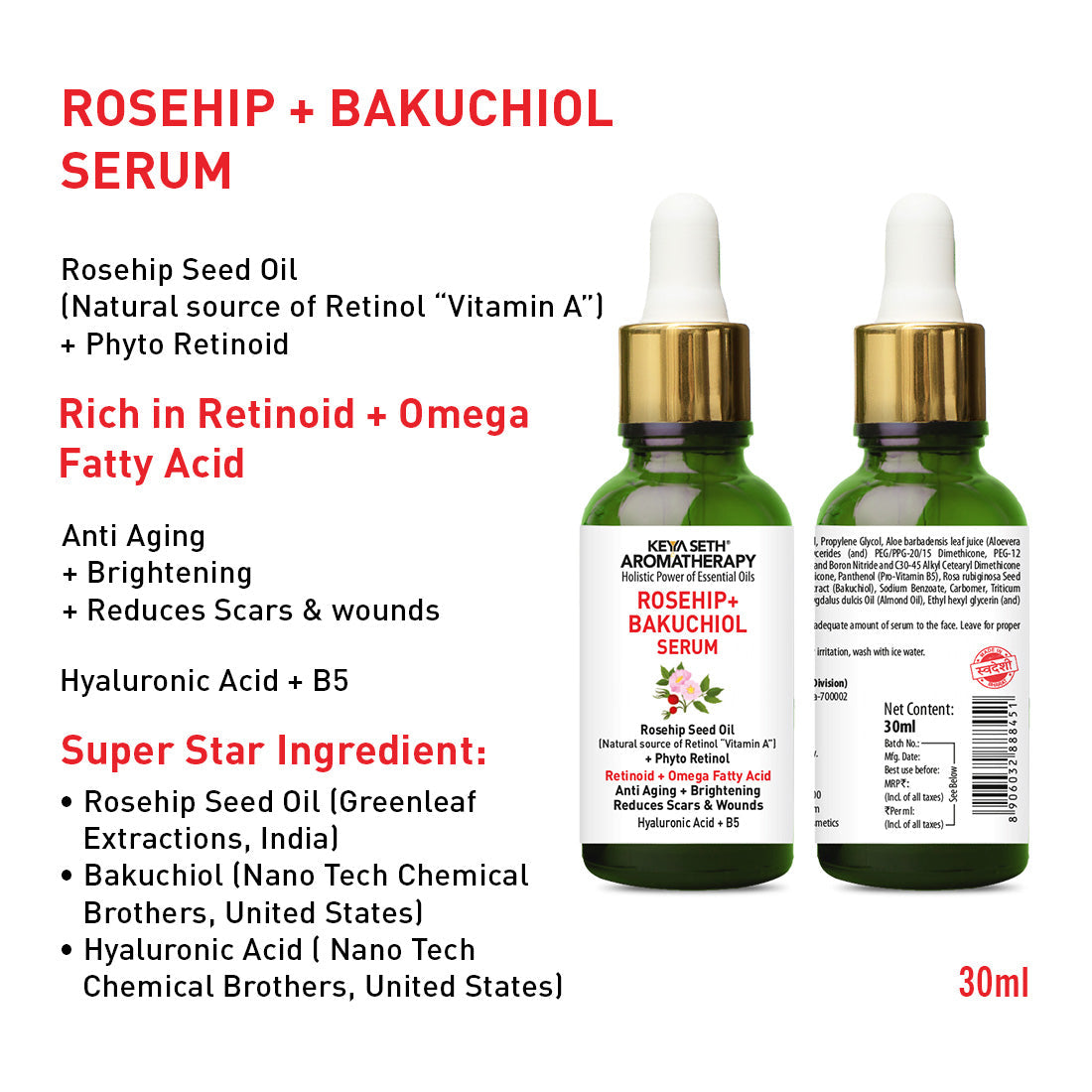 Daily Skincare Routine for Dehydrated, Aging Skin with Hyaluronic Facewash, Rosehip Bakuchiol Serum, Moisturizer & Sunscreen for Hydration, Firmness & Glow 230ml
