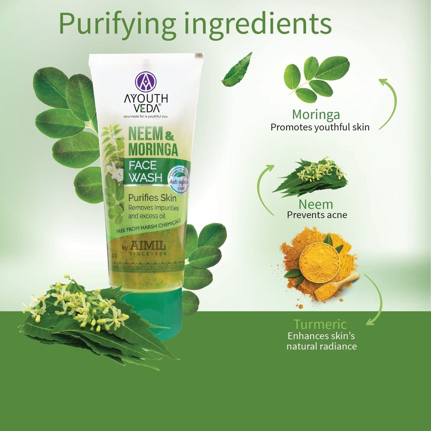 Neem & Moringa Skin Purifying Face Wash with Turmeric & Moringa Extracts | Deep Cleansing Gel for Acne-Prone Skin | Eliminates Dirt & Excess Oil | For Men & Women | 100g 100g