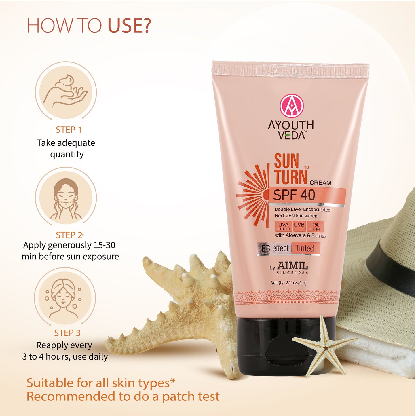 Sun Turn Cream SPF 40 - Double Layer Encapsulated Sunscreen - Tinted with BB Effect - PA++++ - UVA(+++++)/UVB Protection - Blue Light Defense - Enriched with Zinc Oxide, Aloe Vera & Berries - Net.Qty:- 60g 60g