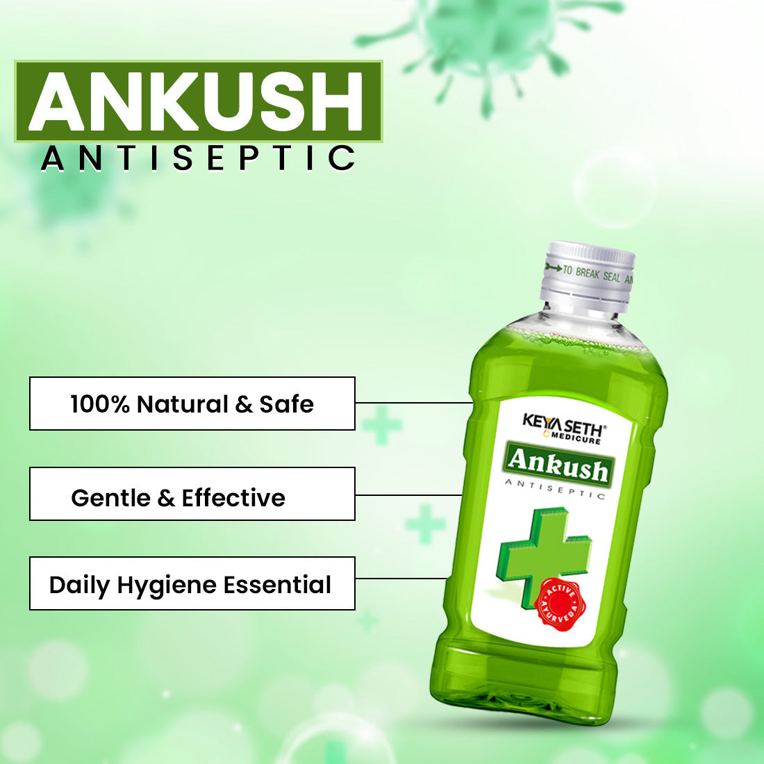 Ankush Ayurvedic Antiseptic Liquid, No Burning Sensation for First Aid & Personal Hygiene, Enriched with Neem, Tulsi, Lavender & Rose Essential Oil 500ml x 3