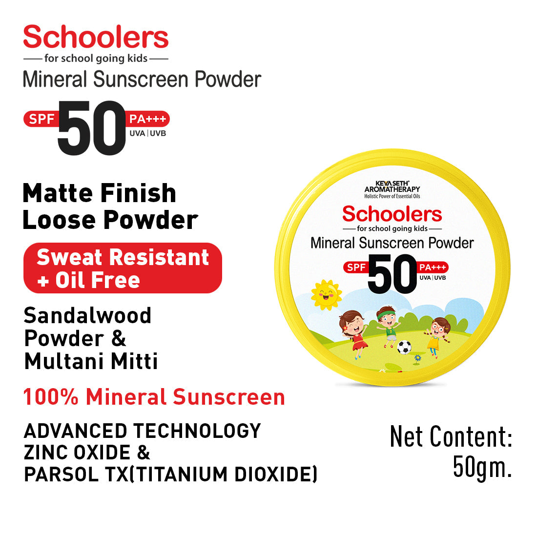 Schoolers Mineral Kids & Baby Sunscreen Powder SPF 50 PA+++, Sweat Resistant, Oil Free 50ml