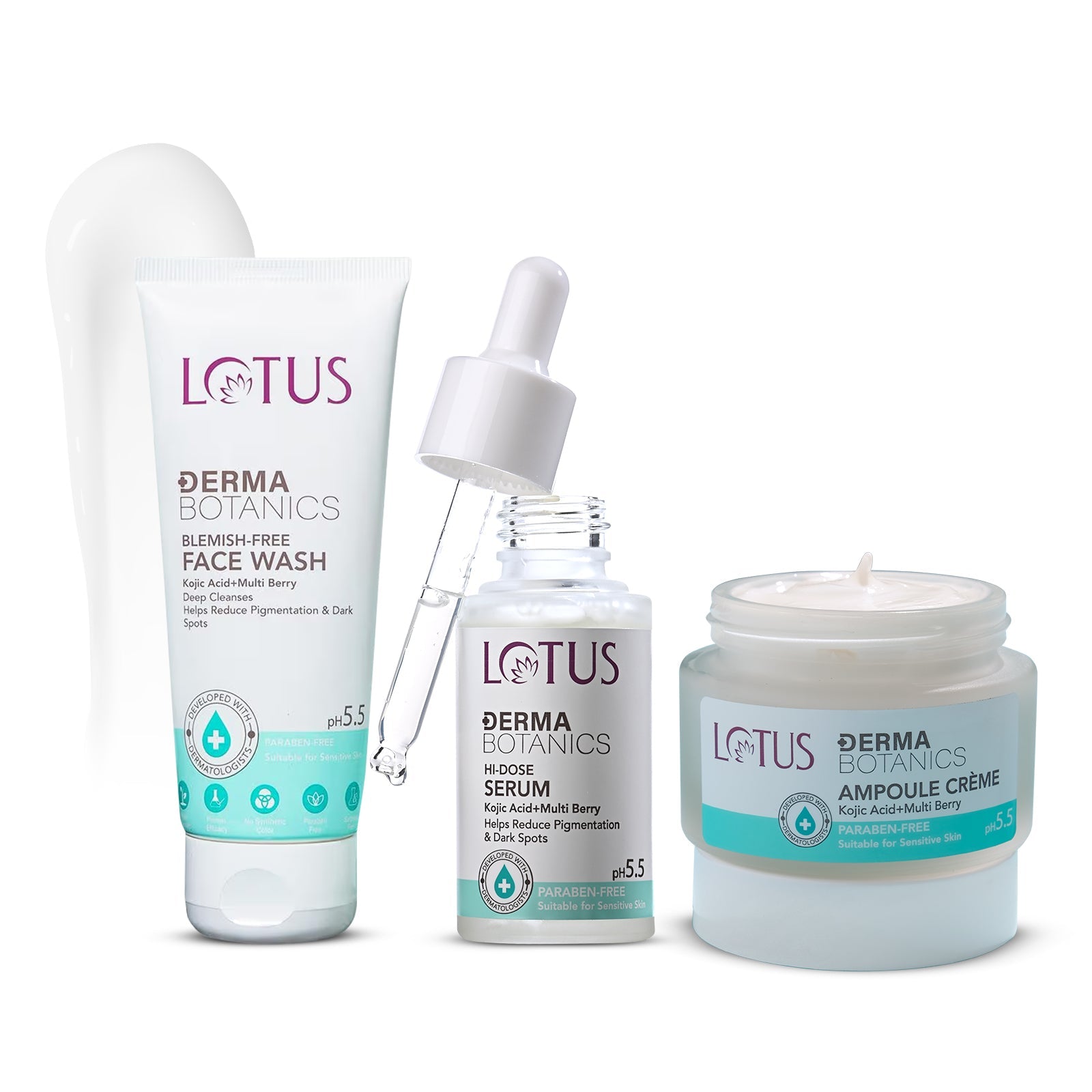 DermaBotanics Kojic Facewash+Multi Berry Hi-Dose Serum+Ampoule Crème Combos
