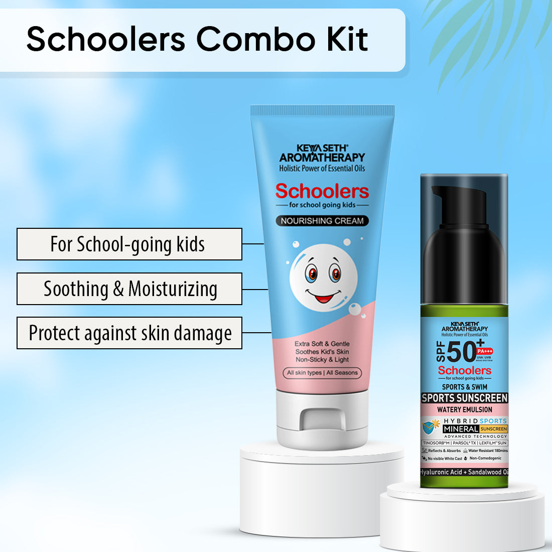 Schoolers Kids Nourishing Cream & Sports Mineral Watery Sunscreen SPF 50 PA+++  Combo Kit for Boys & Girls – Lightweight, Moisturizing, No White Cast 100ml