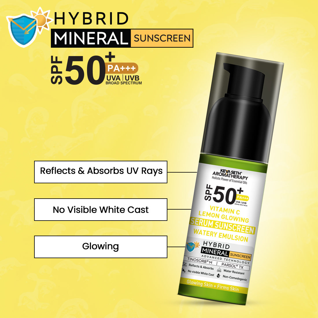 Vitamin C Lemon Glowing Serum Mineral Sunscreen, SPF 50 PA+++, Watery Emulsion, No White Cast, Water Resistant,Tinosorb M + Parsol TX 50ml