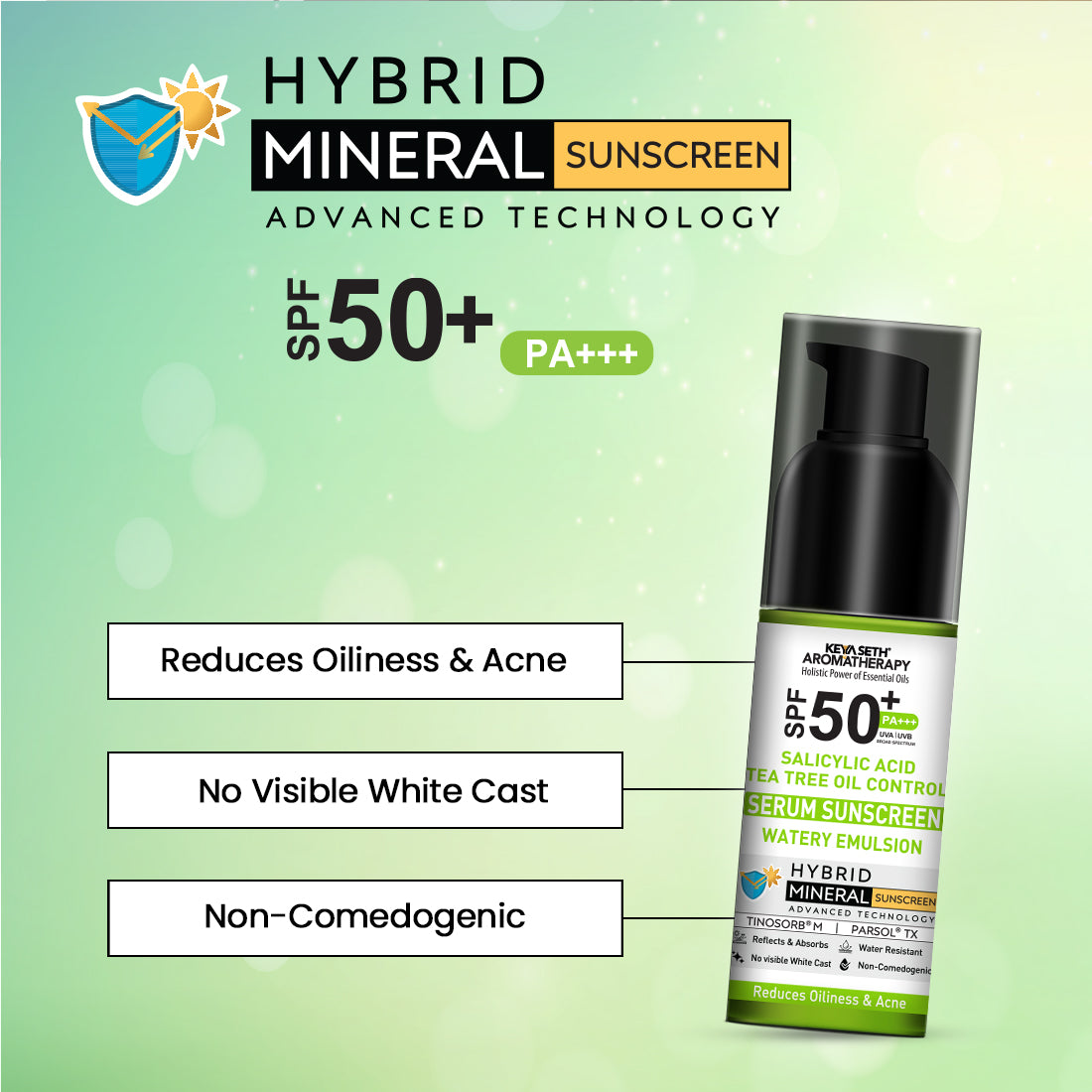 Salicylic Tea Tree Oil Control Serum Mineral Sunscreen, SPF 50 PA+++, Watery Emulsion, No White Cast, Water Resistant, Tinosorb M + Parsol TX 50ml